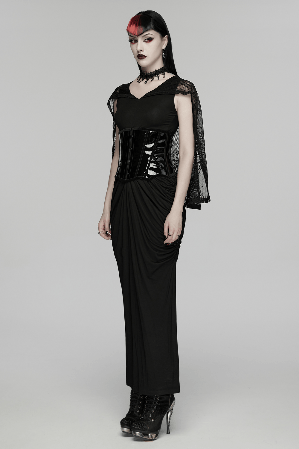 Women's Hooded Gothic Ruched Lace Evening Dress - image 15