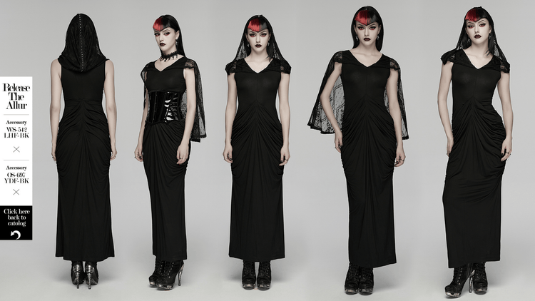 Women's Hooded Gothic Ruched Lace Evening Dress - image 16
