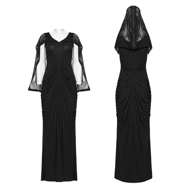 Women's Hooded Gothic Ruched Lace Evening Dress - image 3