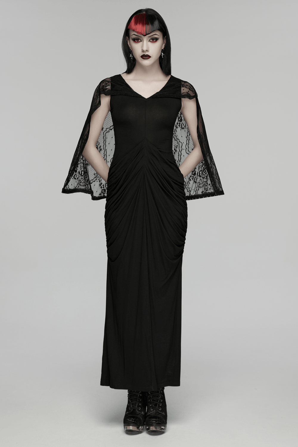 Women's Hooded Gothic Ruched Lace Evening Dress - image 14