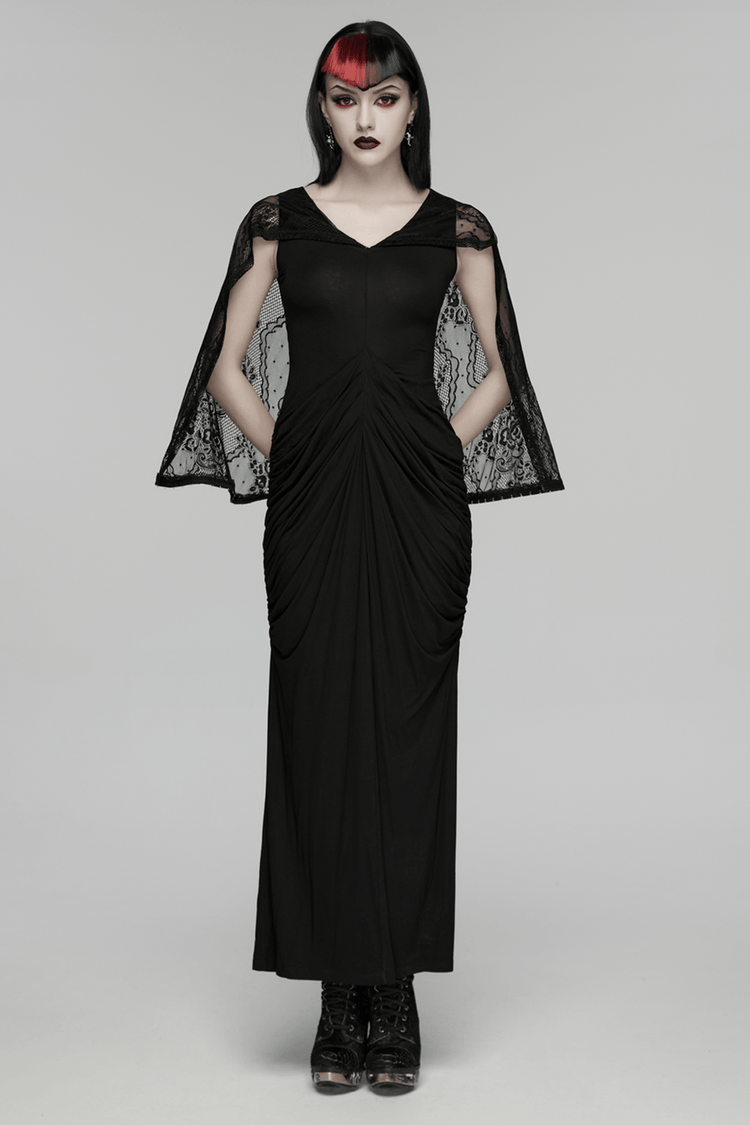 Women's Hooded Gothic Ruched Lace Evening Dress - image 14