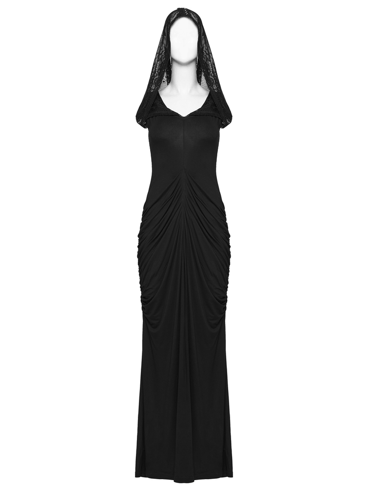 Women's Hooded Gothic Ruched Lace Evening Dress - image 4