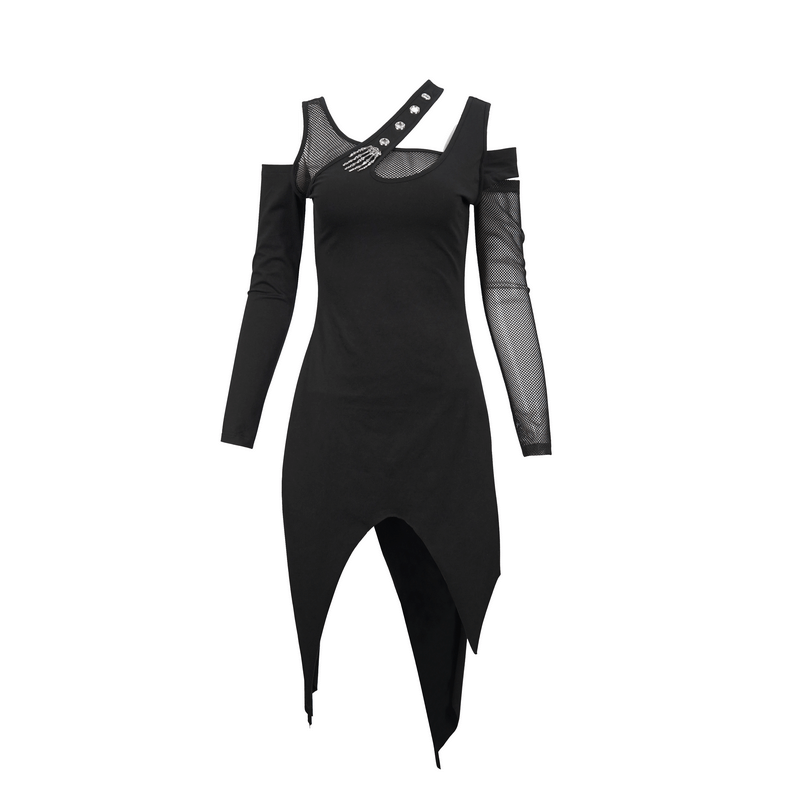 Women's Irregular Cutout Mesh Splice Dress / Gothic Style Long Sleeves Black Dress - image 3