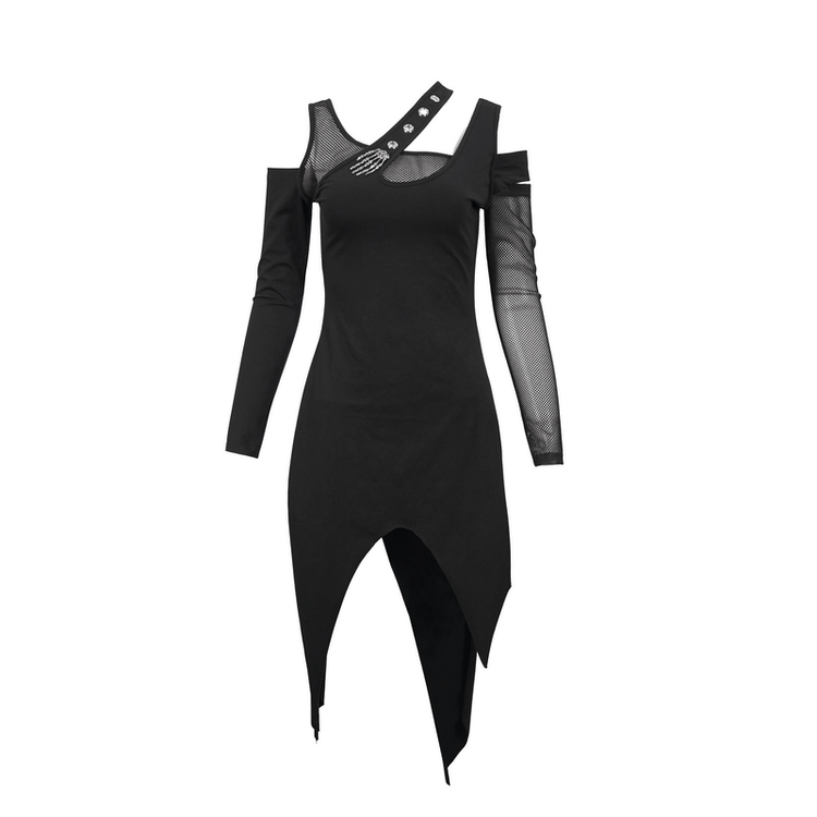 Women's Irregular Cutout Mesh Splice Dress / Gothic Style Long Sleeves Black Dress - image 3