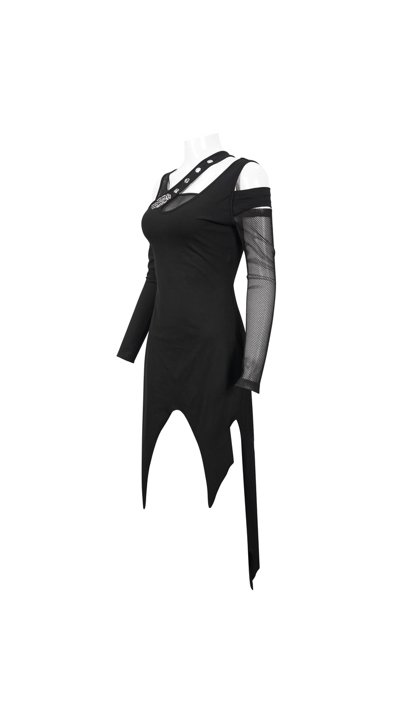 Women's Irregular Cutout Mesh Splice Dress / Gothic Style Long Sleeves Black Dress - image 4