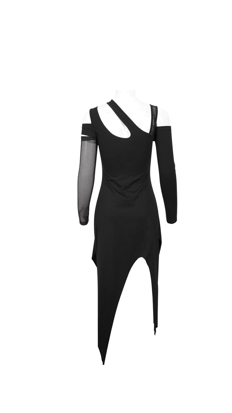 Women's Irregular Cutout Mesh Splice Dress / Gothic Style Long Sleeves Black Dress - image 5