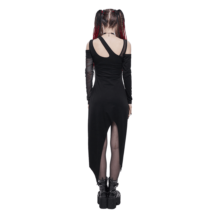 Women's Irregular Cutout Mesh Splice Dress / Gothic Style Long Sleeves Black Dress - image 2