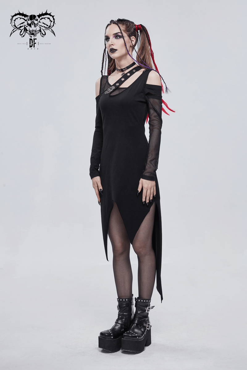 Women's Irregular Cutout Mesh Splice Dress / Gothic Style Long Sleeves Black Dress - image 7