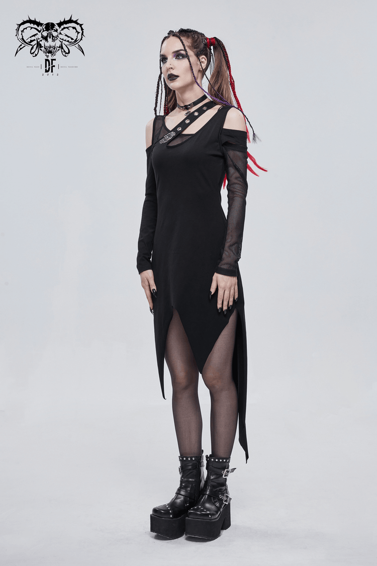 Women's Irregular Cutout Mesh Splice Dress / Gothic Style Long Sleeves Black Dress - image 7