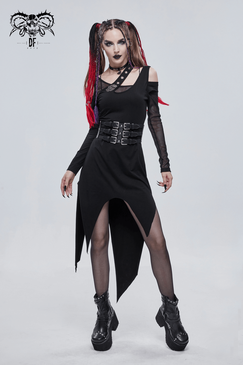 Women's Irregular Cutout Mesh Splice Dress / Gothic Style Long Sleeves Black Dress - image 8