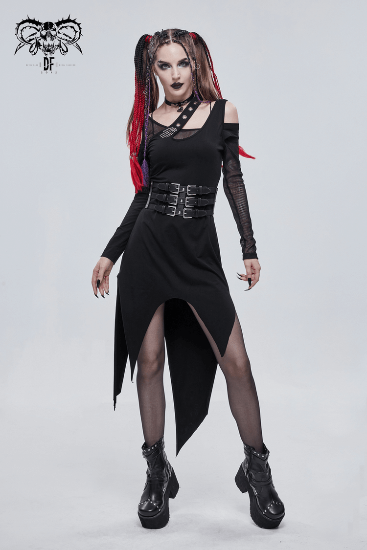 Women's Irregular Cutout Mesh Splice Dress / Gothic Style Long Sleeves Black Dress - image 8