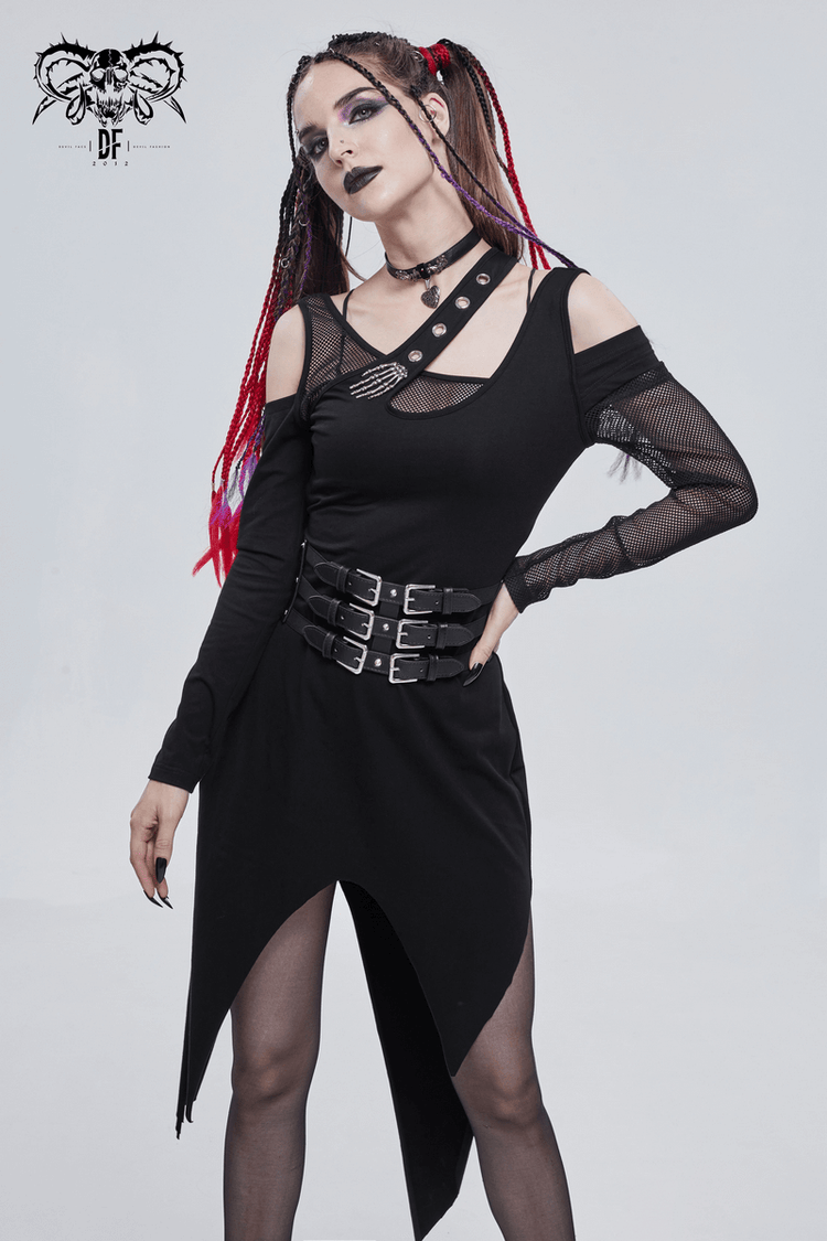 Women's Irregular Cutout Mesh Splice Dress / Gothic Style Long Sleeves Black Dress - image 10