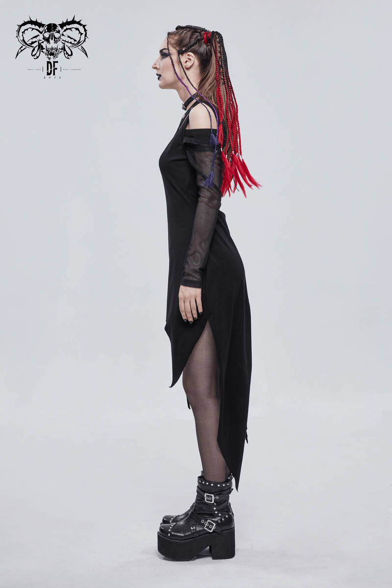 Women's Irregular Cutout Mesh Splice Dress / Gothic Style Long Sleeves Black Dress - image 9