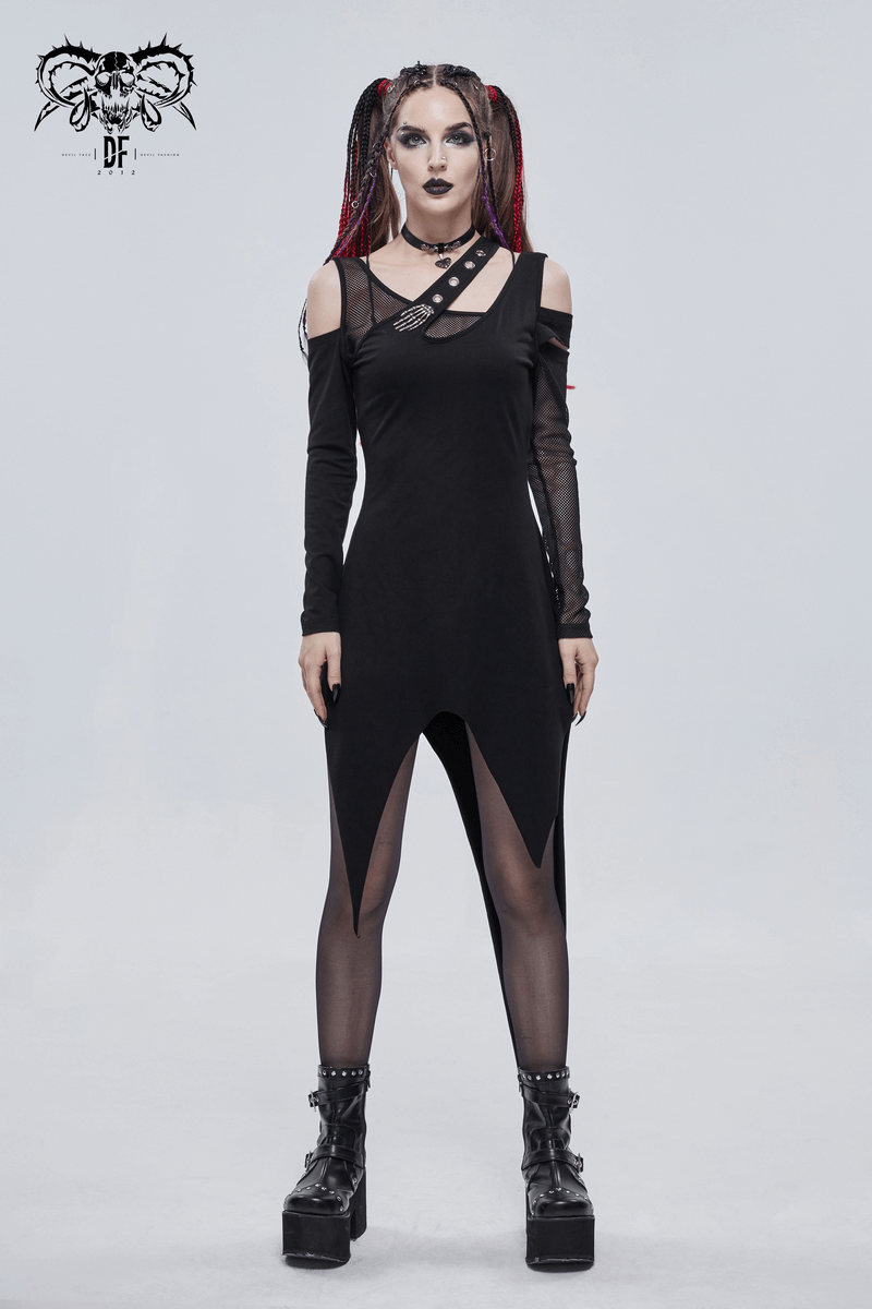 Women's Irregular Cutout Mesh Splice Dress / Gothic Style Long Sleeves Black Dress - image 11