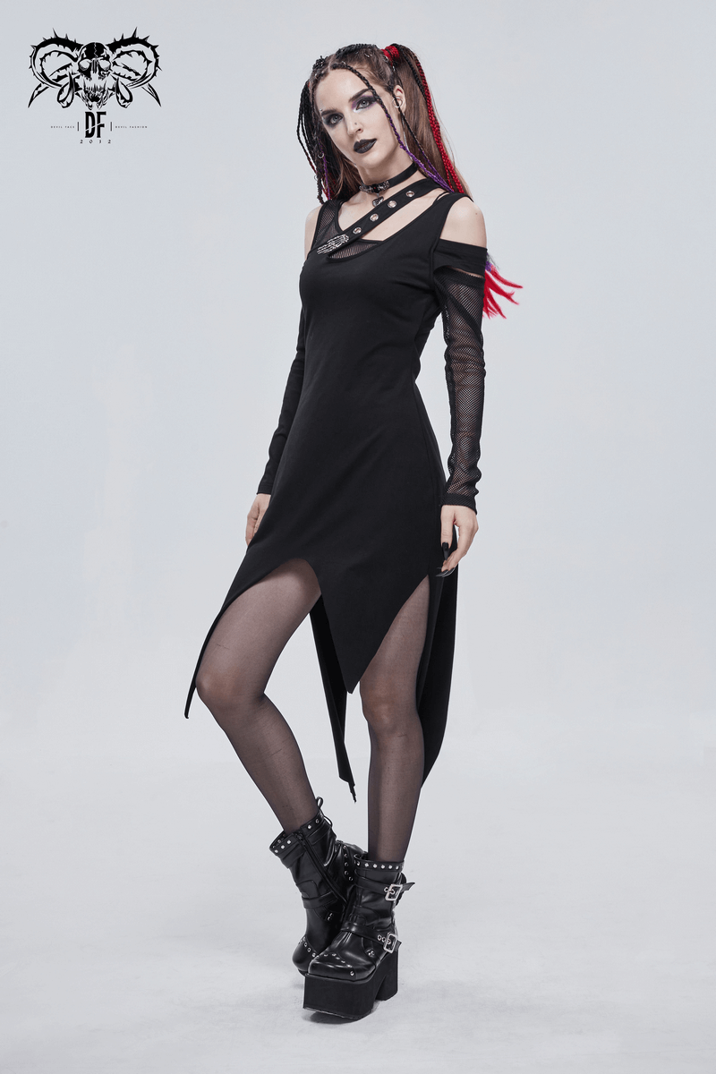 Women's Irregular Cutout Mesh Splice Dress / Gothic Style Long Sleeves Black Dress - image 12