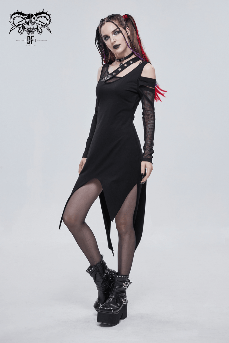 Women's Irregular Cutout Mesh Splice Dress / Gothic Style Long Sleeves Black Dress - image 12