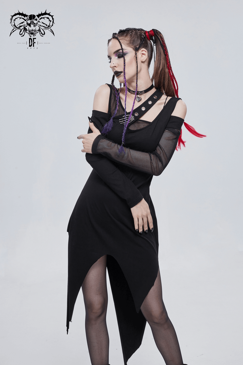 Women's Irregular Cutout Mesh Splice Dress / Gothic Style Long Sleeves Black Dress - image 13
