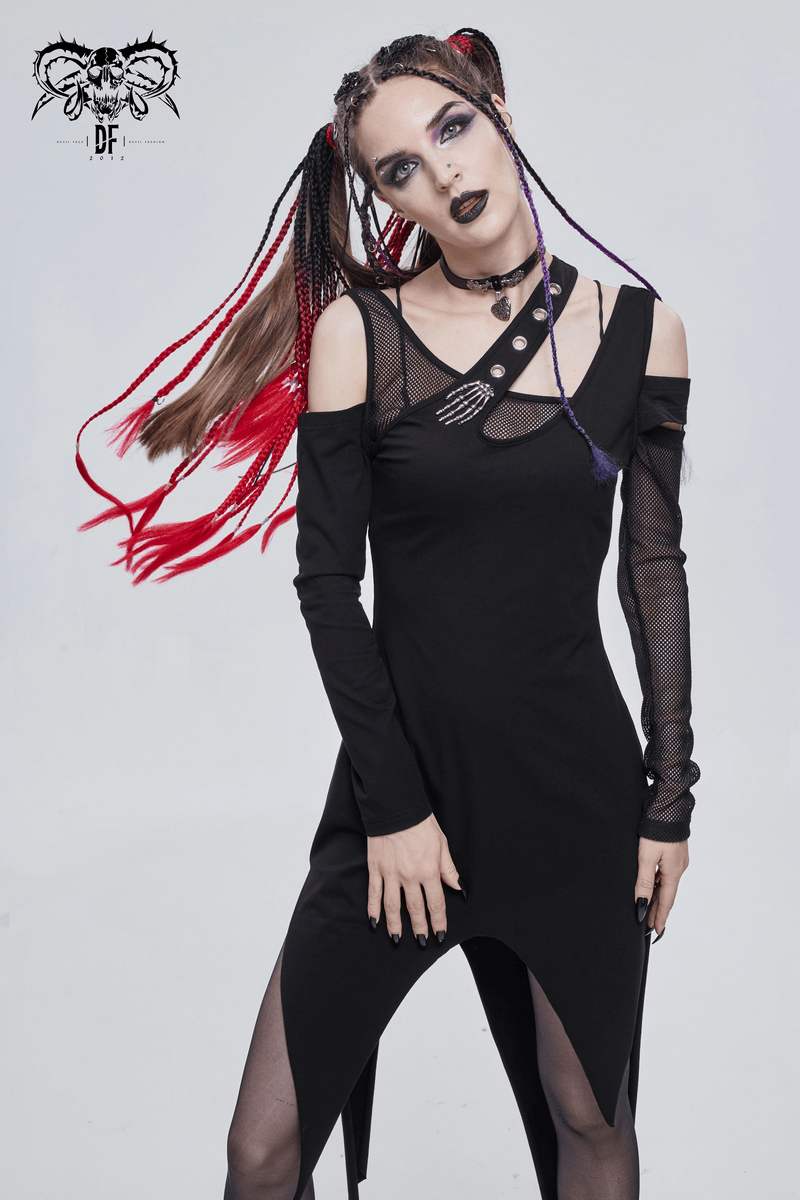 Women's Irregular Cutout Mesh Splice Dress / Gothic Style Long Sleeves Black Dress - image 16