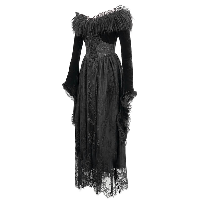 Women's Long Black Dress with Flare Sleeves / Gothic Style Off Shoulder Floor Length Dress - image 4