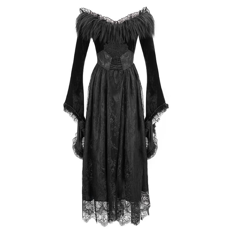 Women's Long Black Dress with Flare Sleeves / Gothic Style Off Shoulder Floor Length Dress - image 3