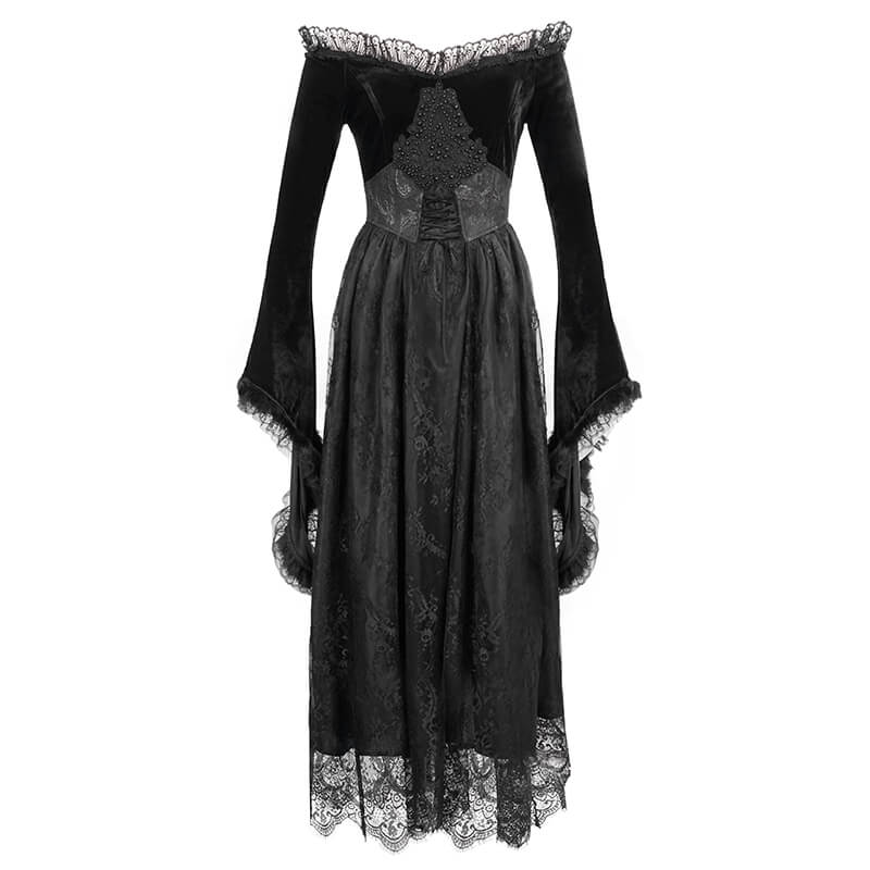 Women's Long Black Dress with Flare Sleeves / Gothic Style Off Shoulder Floor Length Dress - image 5