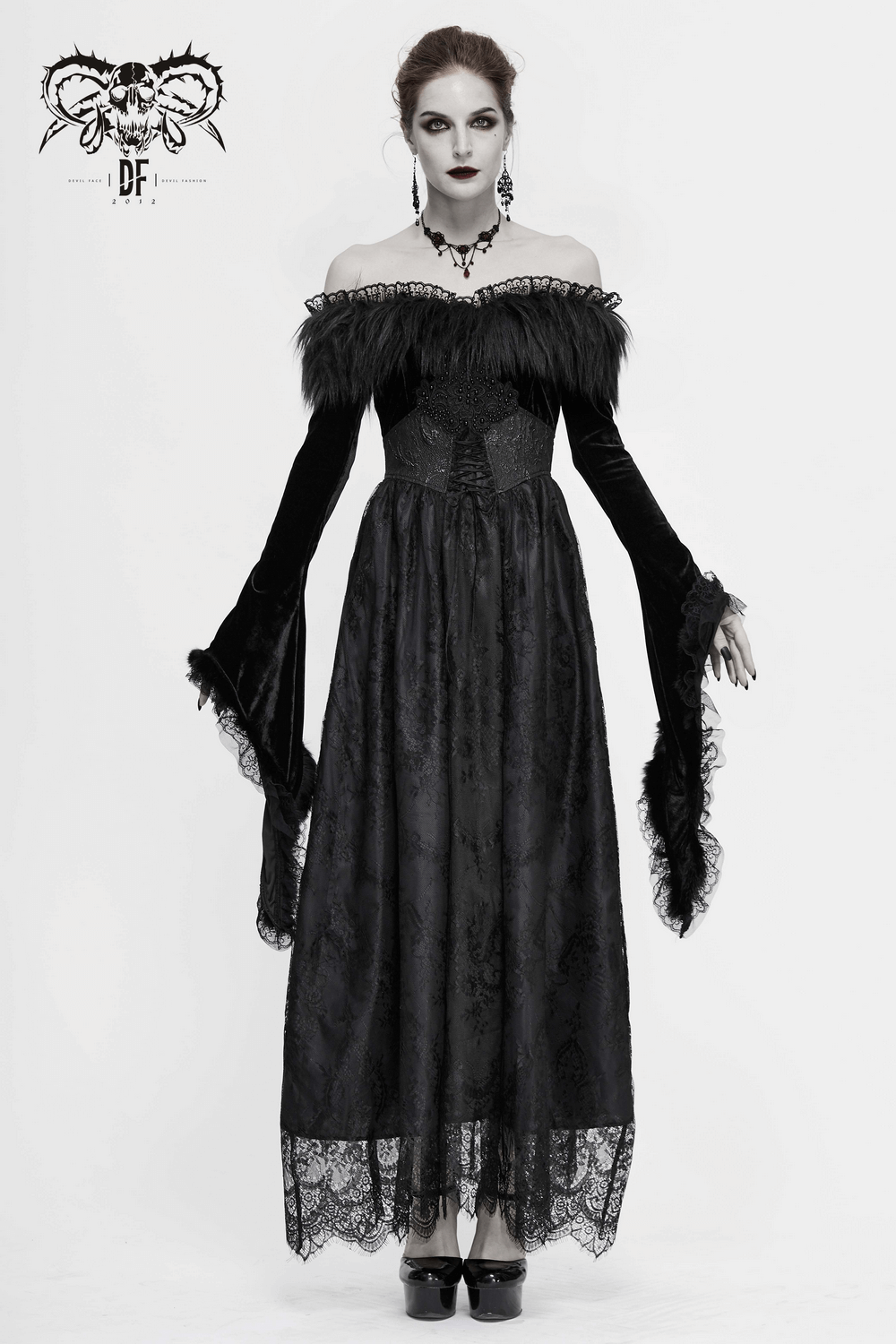 Women's Long Black Dress with Flare Sleeves / Gothic Style Off Shoulder Floor Length Dress - image 14