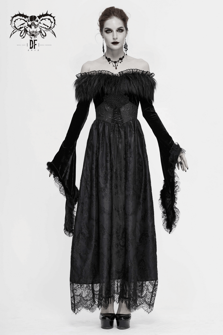Women's Long Black Dress with Flare Sleeves / Gothic Style Off Shoulder Floor Length Dress - image 14
