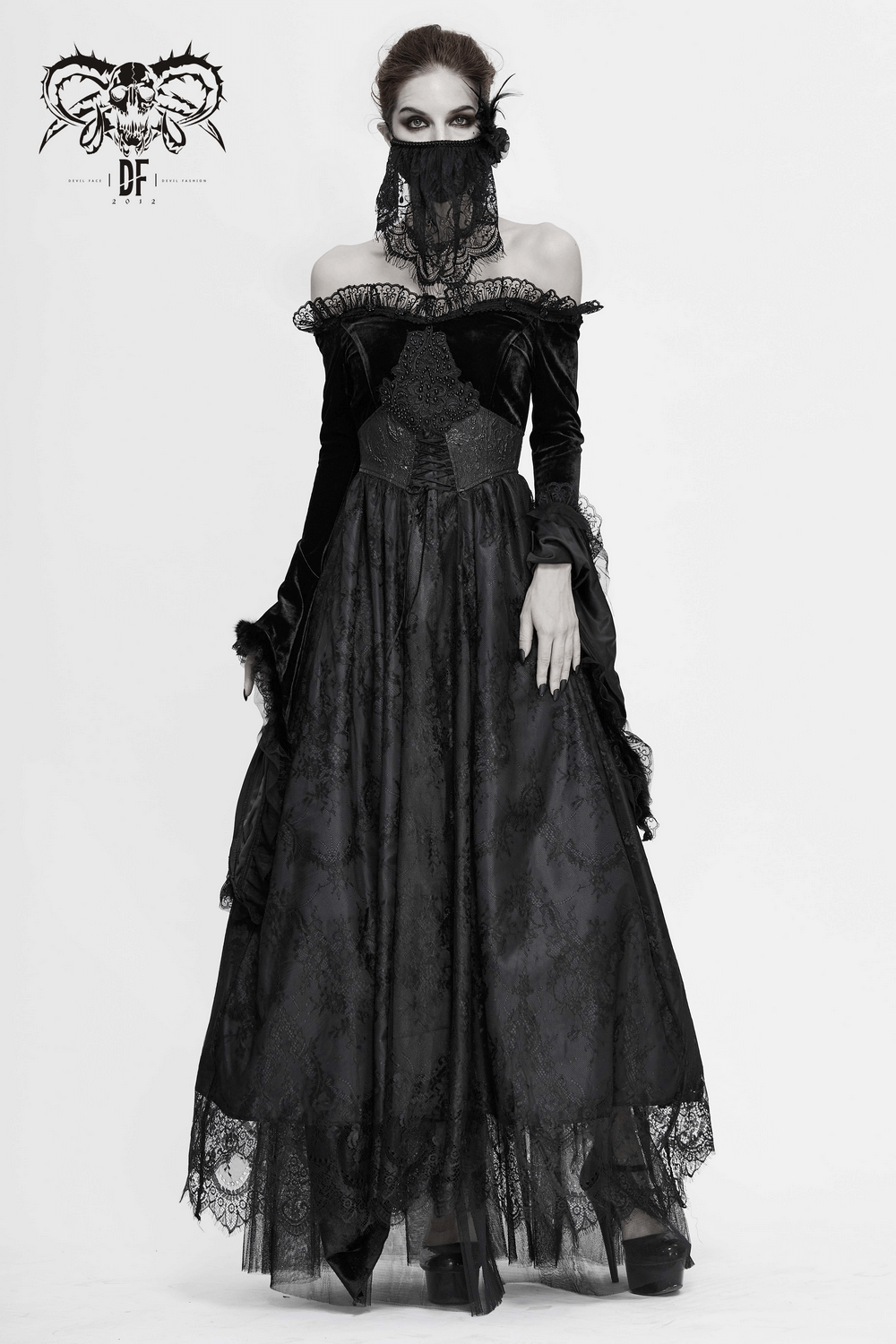 Women's Long Black Dress with Flare Sleeves / Gothic Style Off Shoulder Floor Length Dress - image 16