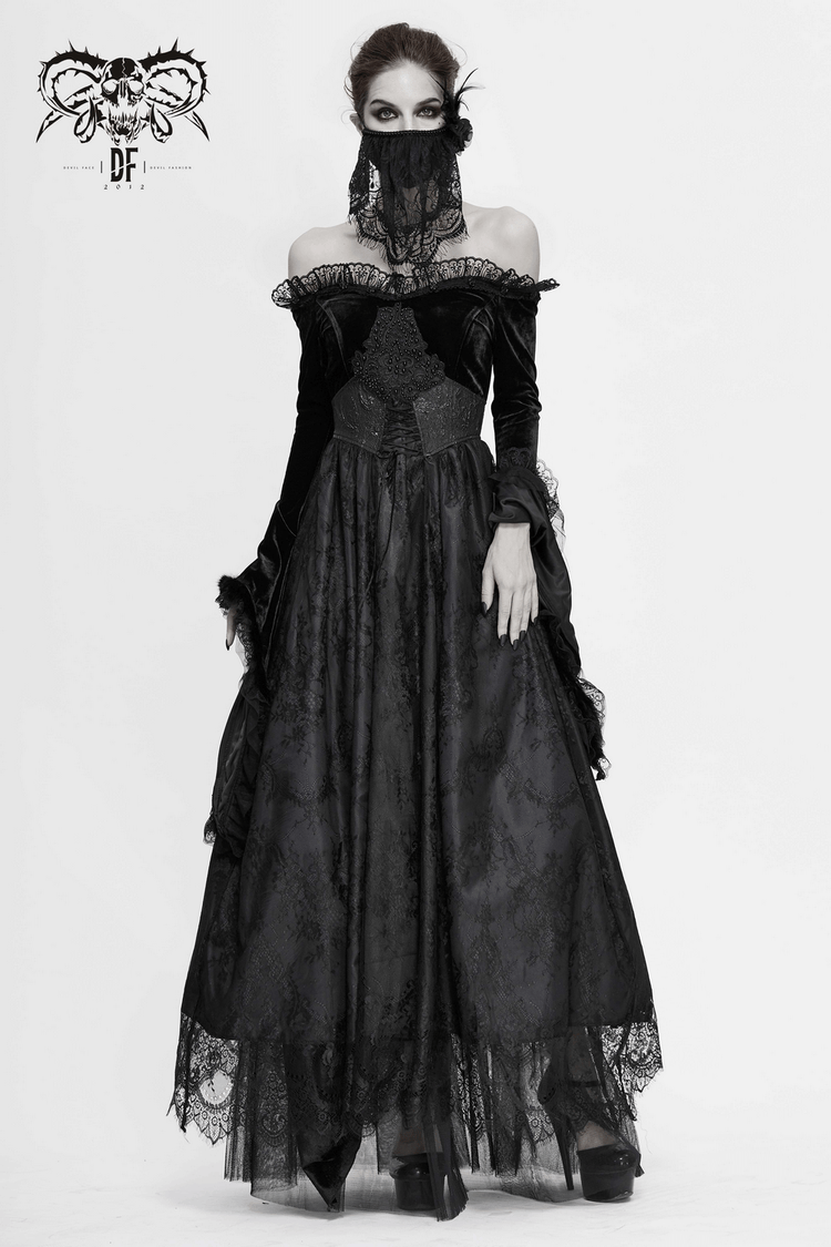 Women's Long Black Dress with Flare Sleeves / Gothic Style Off Shoulder Floor Length Dress - image 16