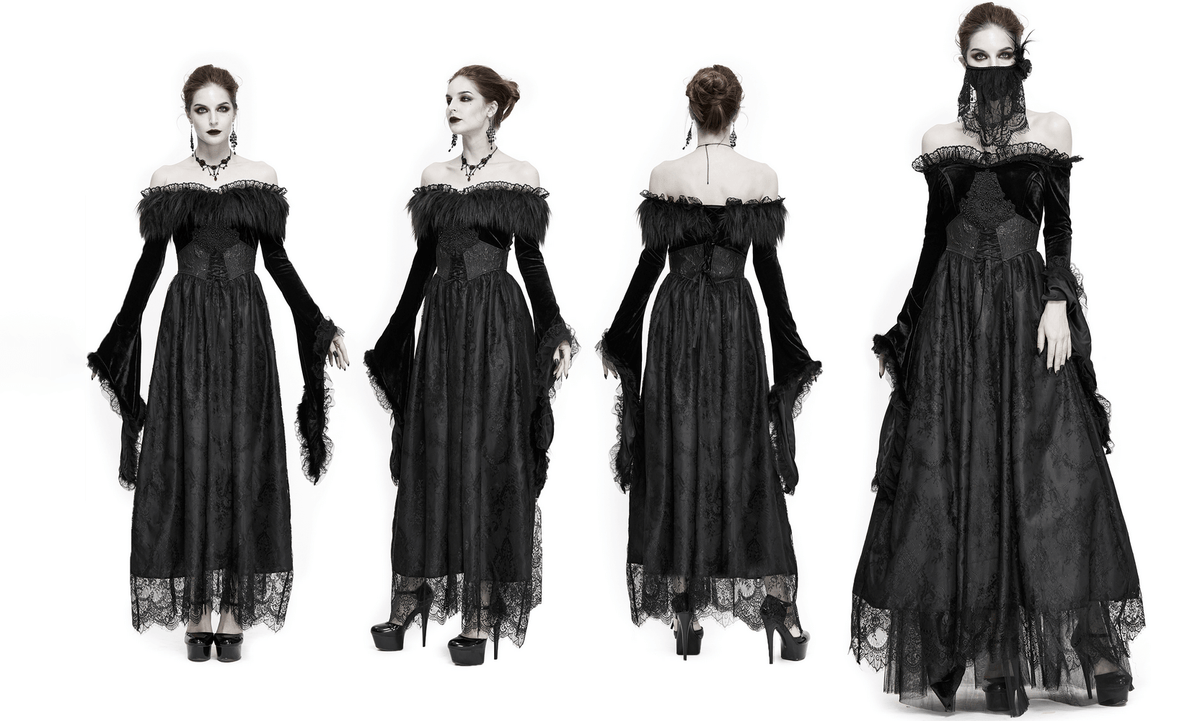 Women's Long Black Dress with Flare Sleeves / Gothic Style Off Shoulder Floor Length Dress - image 21