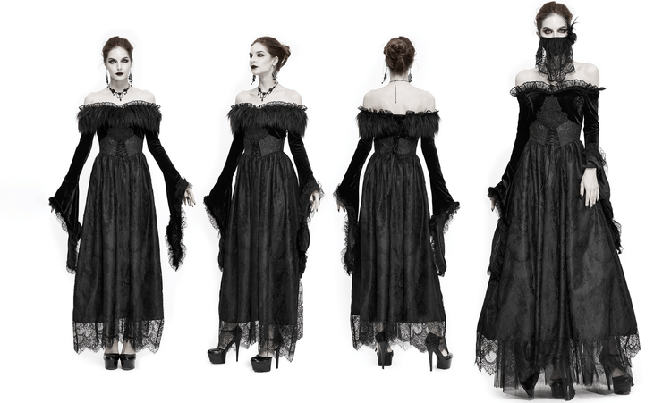 Women's Long Black Dress with Flare Sleeves / Gothic Style Off Shoulder Floor Length Dress - image 21