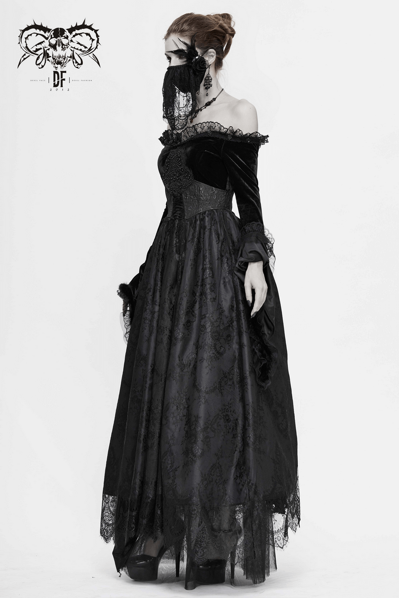 Women's Long Black Dress with Flare Sleeves / Gothic Style Off Shoulder Floor Length Dress - image 19