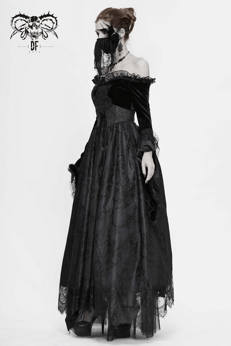 Women's Long Black Dress with Flare Sleeves / Gothic Style Off Shoulder Floor Length Dress - image 19