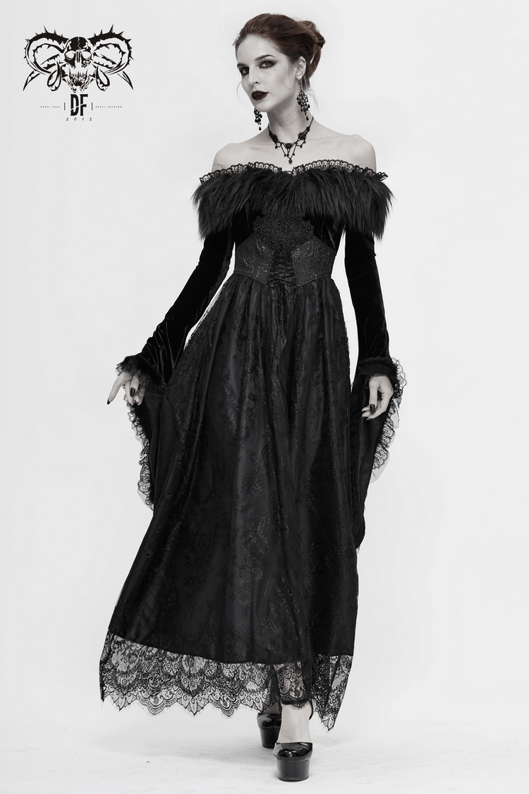 Women's Long Black Dress with Flare Sleeves / Gothic Style Off Shoulder Floor Length Dress - image 18