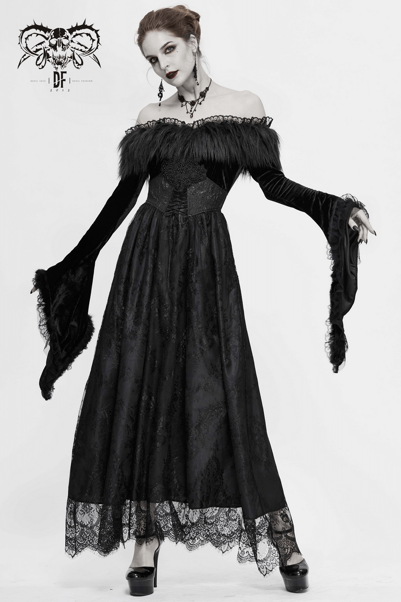 Women's Long Black Dress with Flare Sleeves / Gothic Style Off Shoulder Floor Length Dress - image 17