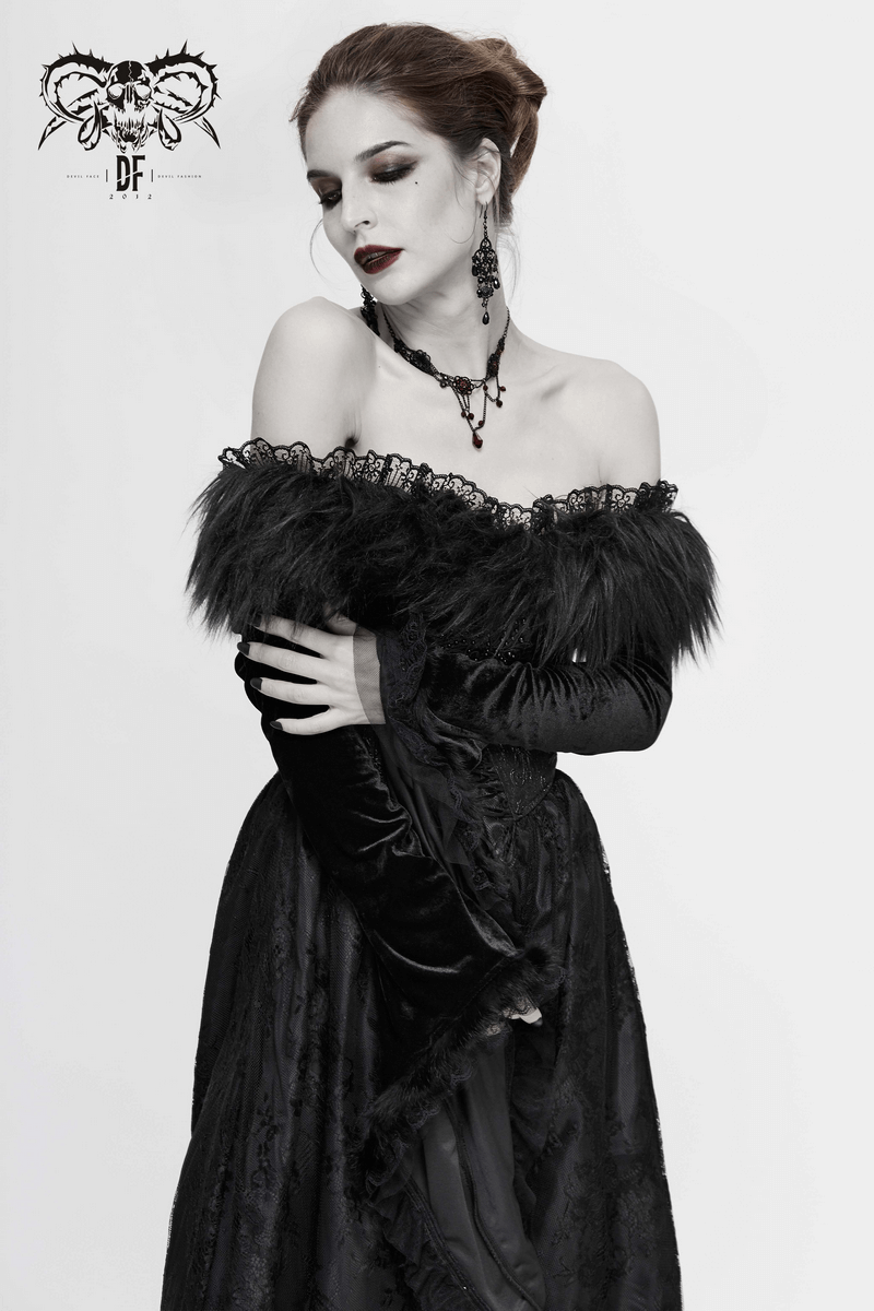 Women's Long Black Dress with Flare Sleeves / Gothic Style Off Shoulder Floor Length Dress - image 13