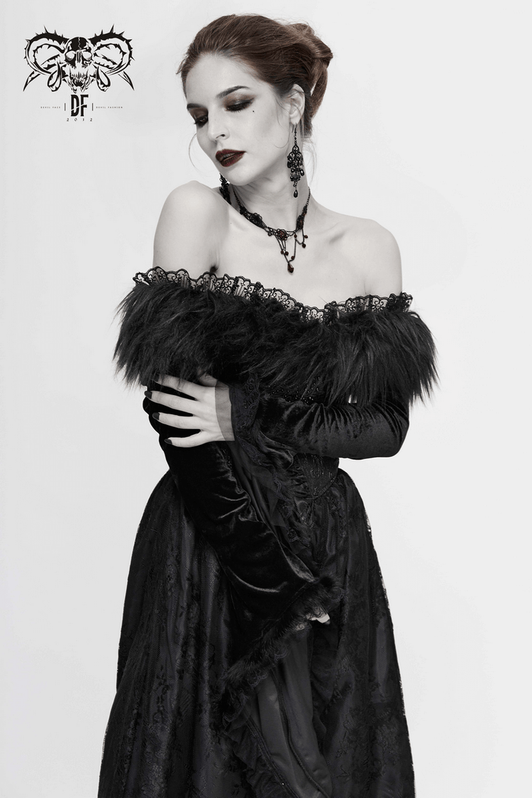 Women's Long Black Dress with Flare Sleeves / Gothic Style Off Shoulder Floor Length Dress - image 13