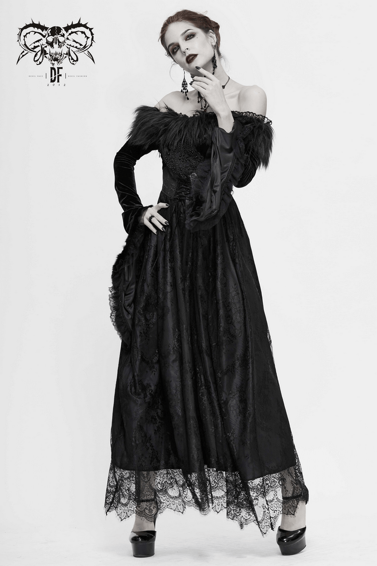 Women's Long Black Dress with Flare Sleeves / Gothic Style Off Shoulder Floor Length Dress - image 15