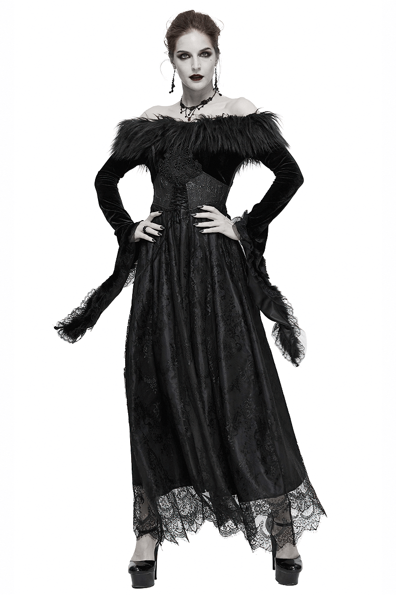 Women's Long Black Dress with Flare Sleeves / Gothic Style Off Shoulder Floor Length Dress - image 1