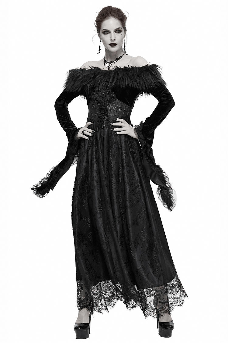 Women's Long Black Dress with Flare Sleeves / Gothic Style Off Shoulder Floor Length Dress - image 1