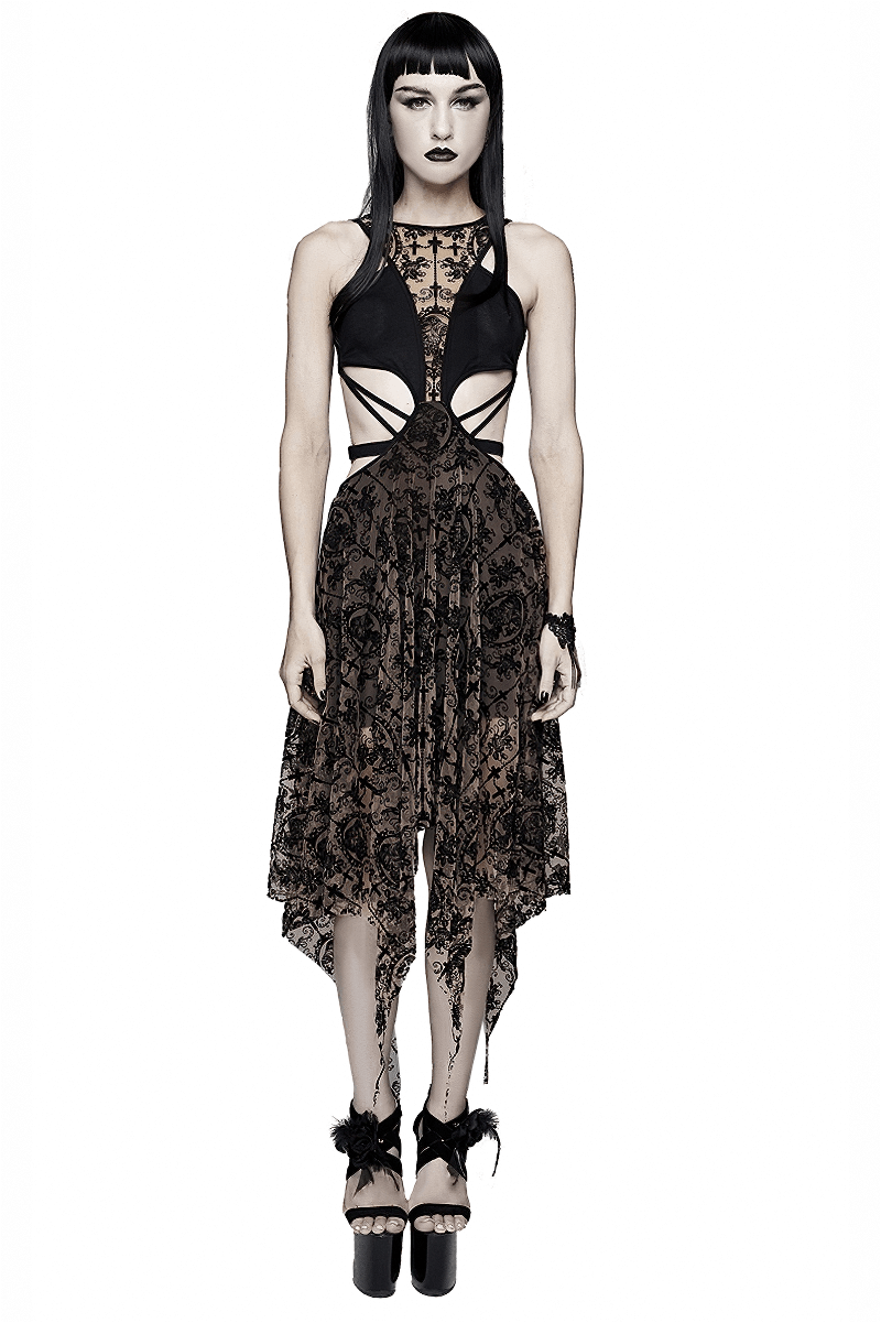 Women's Sexy Sleeveless Vintage Pattern Irregular Dress / Gothic Dress With Metal Hearts on Straps - image 1