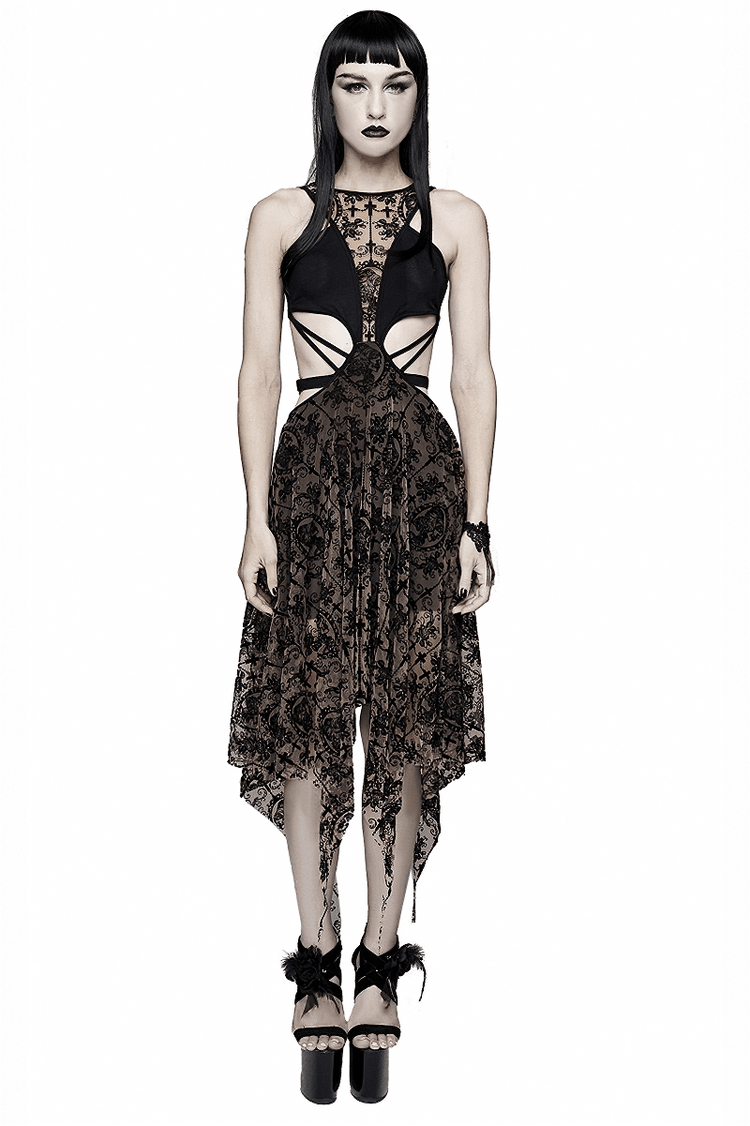 Women's Sexy Sleeveless Vintage Pattern Irregular Dress / Gothic Dress With Metal Hearts on Straps - image 1