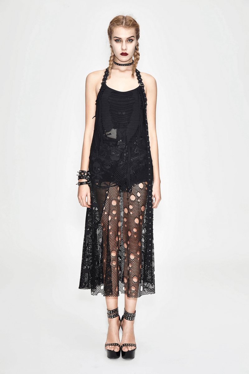 Women's Sleeveless Maxi Dress with Belted / Gothic Style Skull Pattern Long Dress - image 13