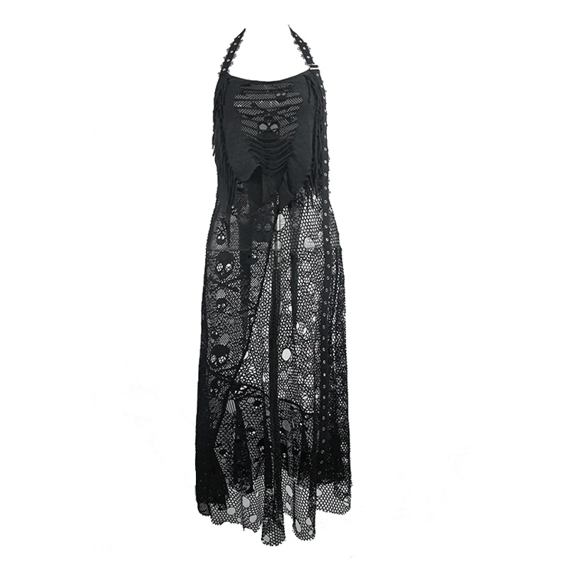 Women's Sleeveless Maxi Dress with Belted / Gothic Style Skull Pattern Long Dress - image 3