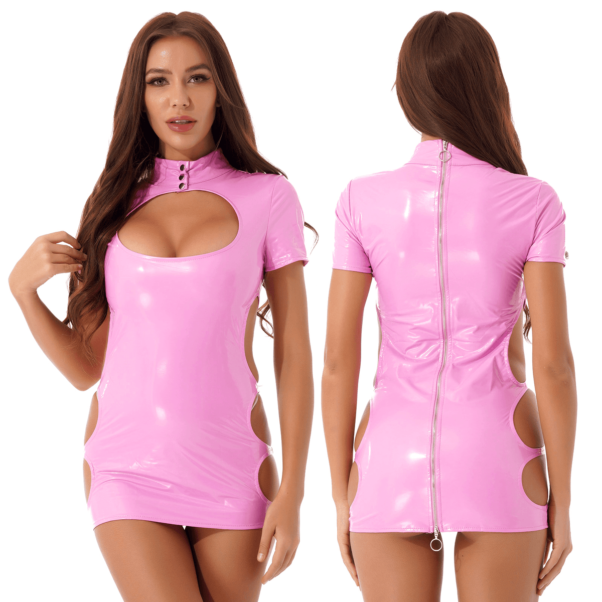Women's Wet Look Bodycon Dress / Patent Leather Mini Dress With Zipper - image 8